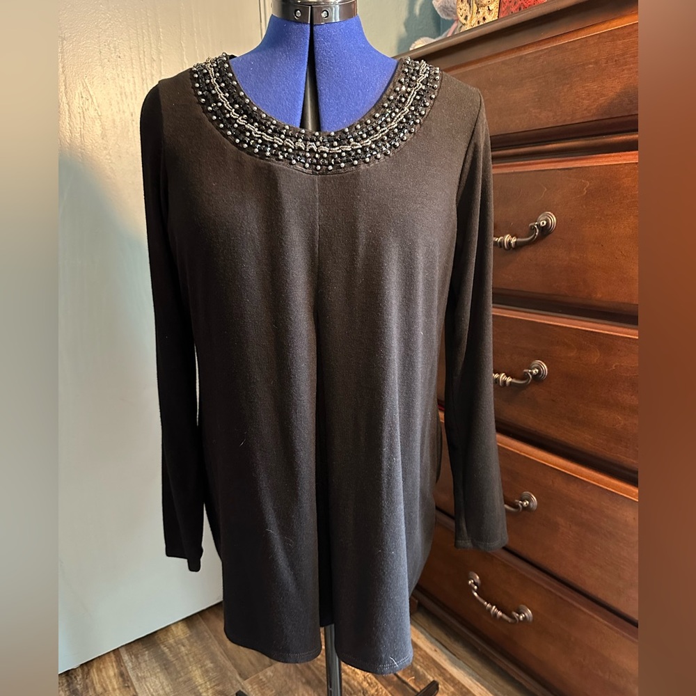 Dress Barn long sleeve black tunic, black/grey beading at front neck, L